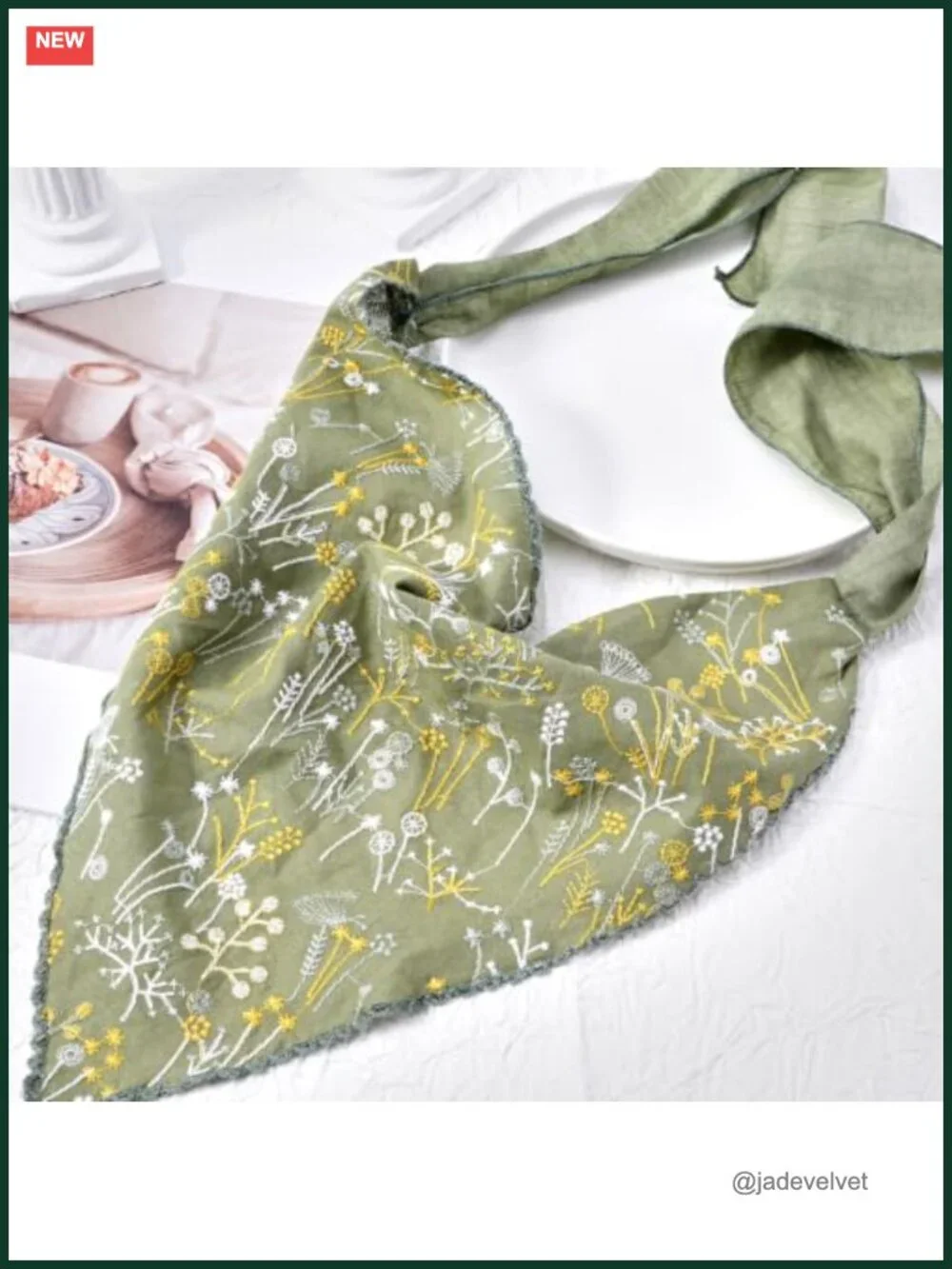 Embroidered Cotton Linen Triangle Head Scarf Hair Bandana with Ties